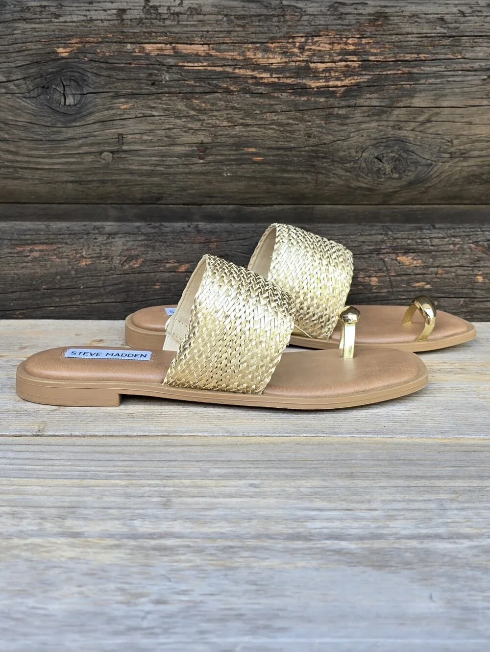 Steve Madden Dacey Y2K Coastal Boho Metallic Woven Toe Ring Slide Sandals 7M